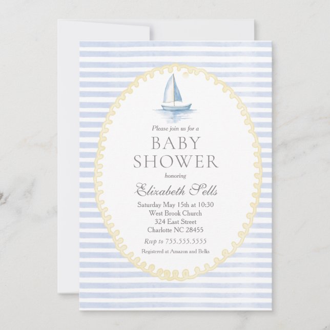 Sailboat Baby Shower Invitation, Boy baby shower Invitation (Front)