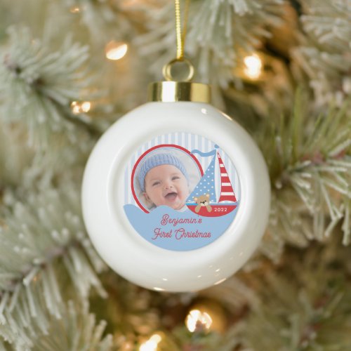 Sailboat Babys First Christmas Photo Ornament 