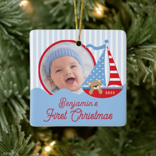 Sailboat Babys First Christmas Photo Ornament 