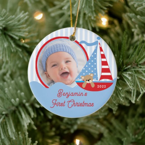 Sailboat Babys First Christmas Photo Ornament 