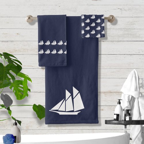 Sailboat Bathroom Ocean Blue  white Bath Towel Set