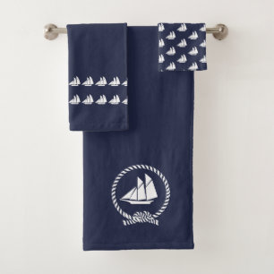 Sailboat Bathroom Ocean Blue & white Bath Towel Set
