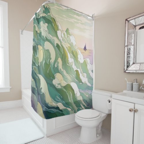 Sailboat Beach Nautical Boat Ocean Waves Art Shower Curtain