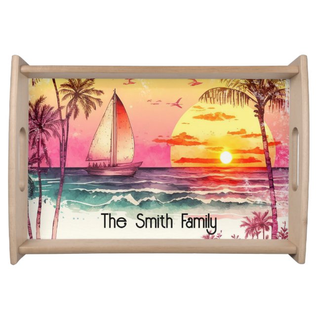Sailboat Beach Sunset Monogram Serving Tray (Front)