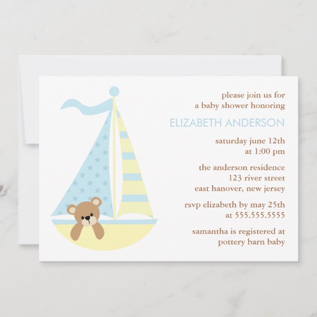 Sailboat Bear Baby Shower Invitation (Front)
