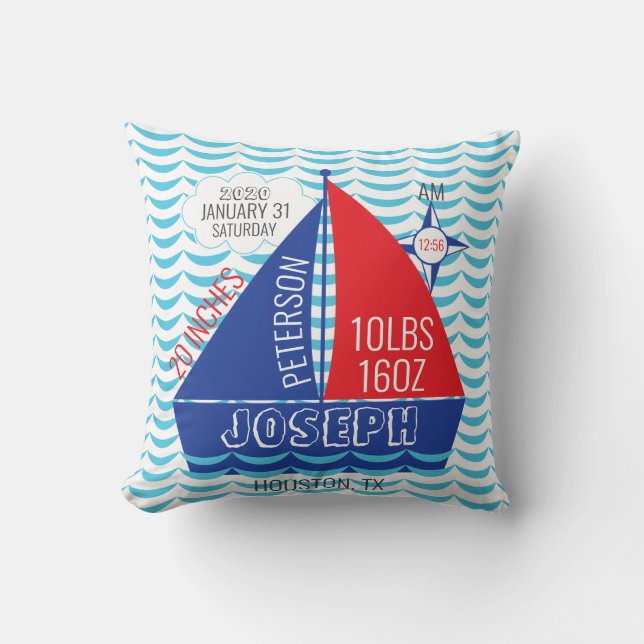 Sailboat Birth Announcement-Nautical Baby Stats Throw Pillow (Front)