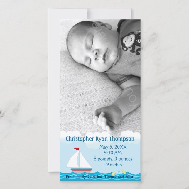 Sailboat Birth Announcement Photo Card (Front)