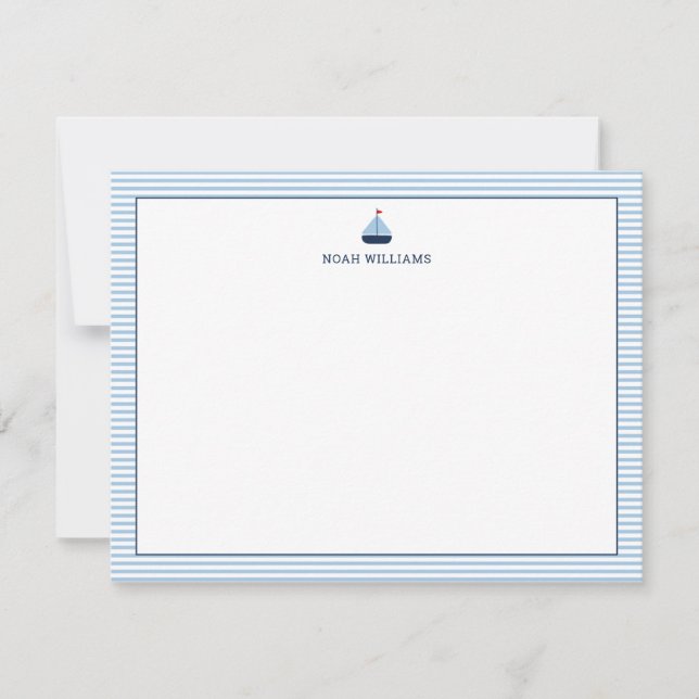 Sailboat Blue Stripes Personalized Stationery Note Card (Front)
