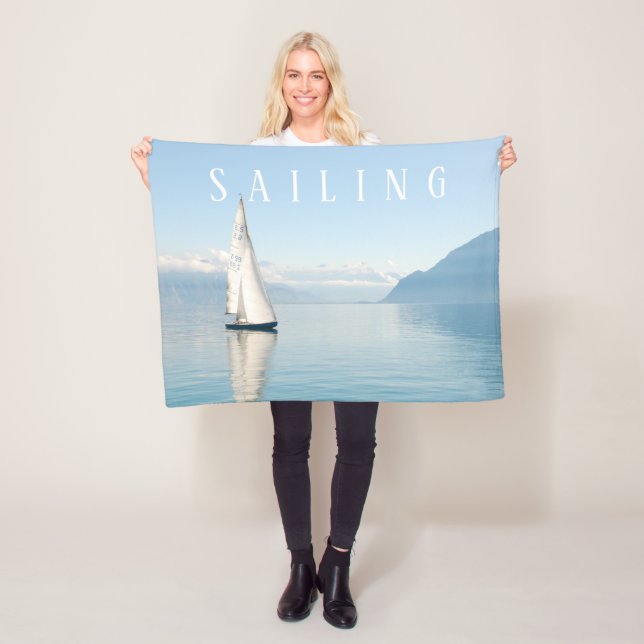 Sailboat Calm Blue Lake & Blue Sky, White Text Fleece Blanket (In Situ)