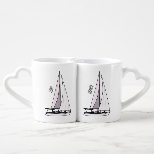 Sailboat cartoon illustration coffee mug set (Back Nesting)