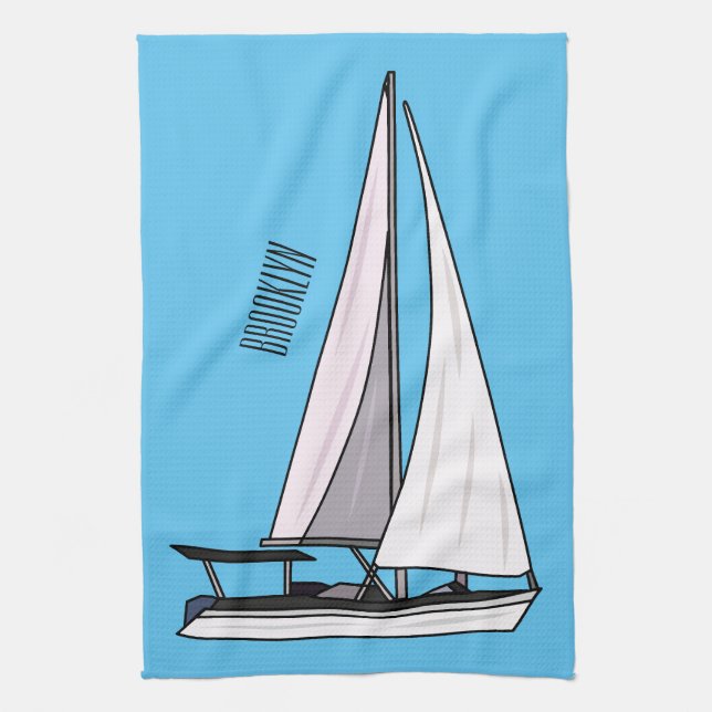 Sailboat cartoon illustration kitchen towel (Vertical)