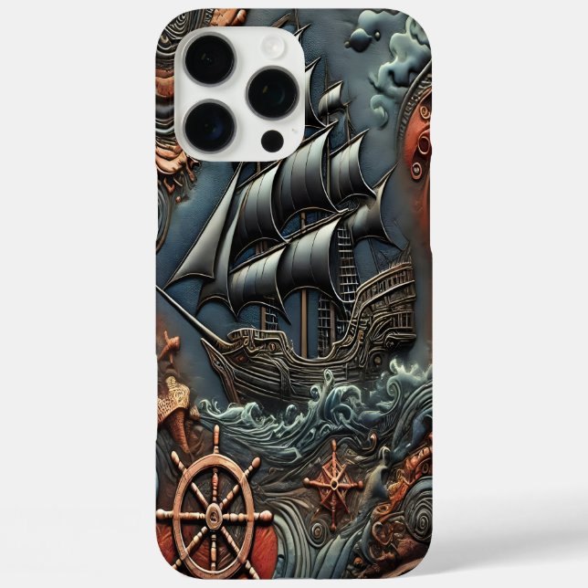 Sailboat Carving With Waves and Nautical Elements Case-Mate iPhone Case (Back)