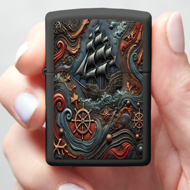 Sailboat Carving With Waves and Nautical Elements Zippo Lighter (In Hand)