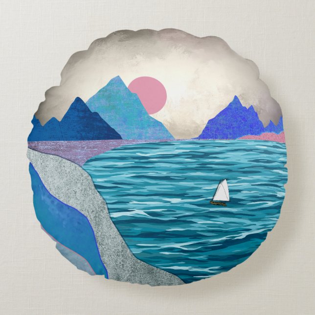 Sailboat Cove Landscape Round Pillow (Front)