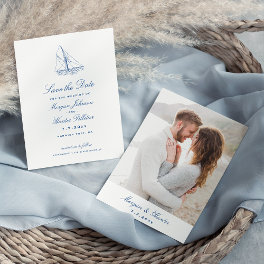 Sailboat Elegant Navy Blue Wedding Photo Save The Date