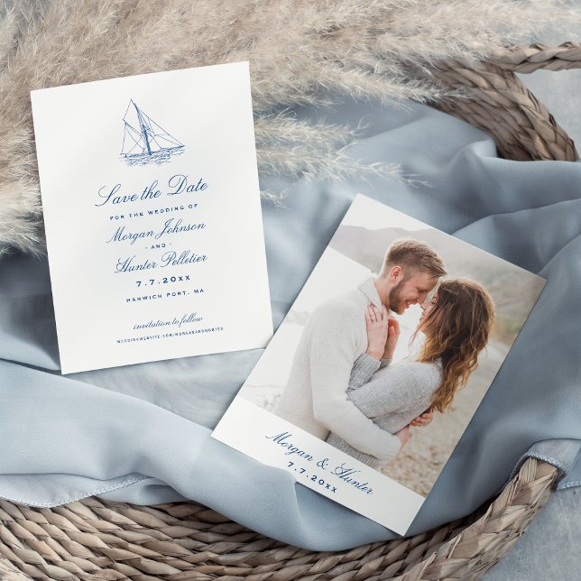 Sailboat Elegant Navy Blue Wedding Photo Save The Date (Sailboat and Waves Wedding Save the Date with Photo for an Elegant Navy Blue Yacht Club Wedding)