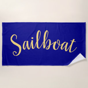 SAILBOAT Fancy Script Royal Navy Blue Background Beach Towel