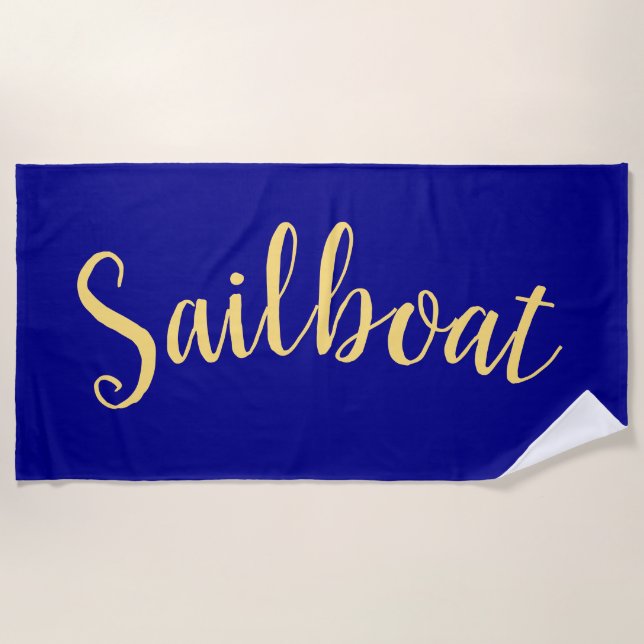 SAILBOAT Fancy Script Royal Navy Blue Background Beach Towel (Front)