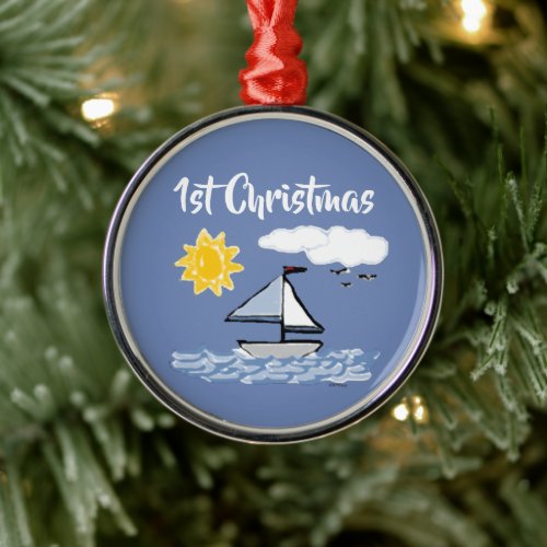 Sailboat First Christmas Animated Metal Ornament