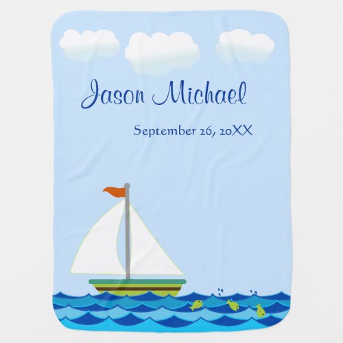 Sailboat Green  Blue Personalized Two Sided Baby Blanket