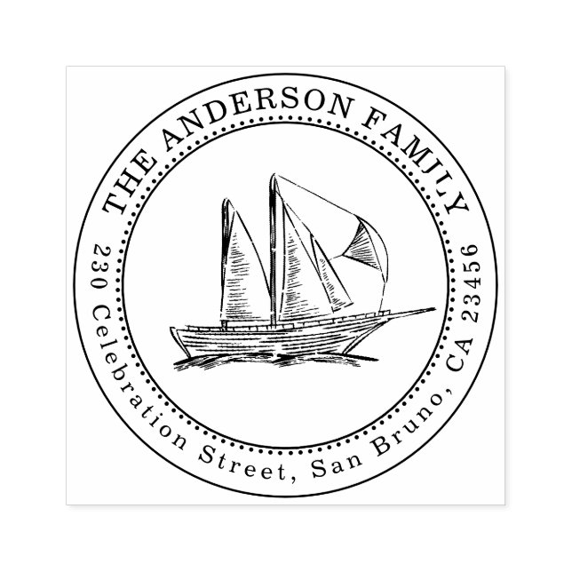 Sailboat Illustration Family Name & Return Address Rubber Stamp (Imprint)