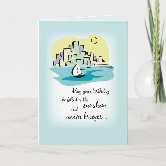 Sailboat in Front of City, Birthday Card (Front)