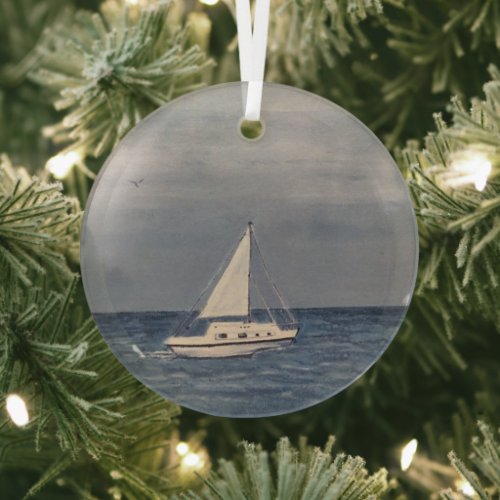 Sailboat in sea signed watercolor painting glass ornament