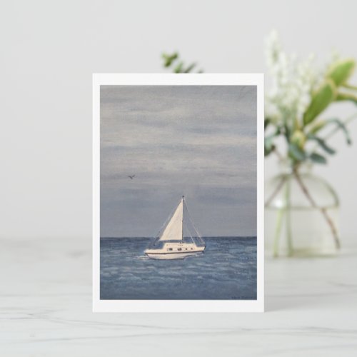 Sailboat in sea signed watercolor painting invitation