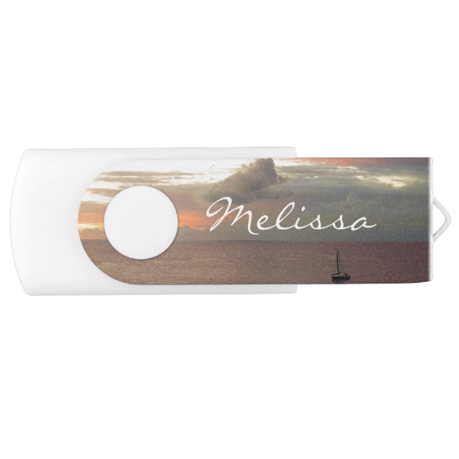 Sailboat in Sunset Beautiful Pink Seascape Flash Drive (Front)