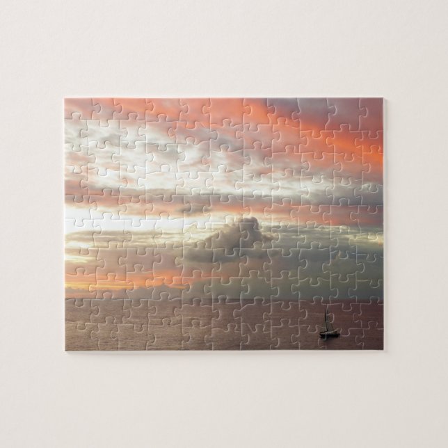 Sailboat in Sunset Beautiful Pink Seascape Jigsaw Puzzle (Horizontal)