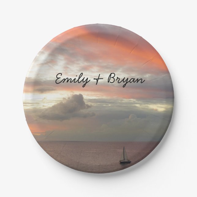 Sailboat in Sunset Beautiful Pink Seascape Paper Plates (Front)
