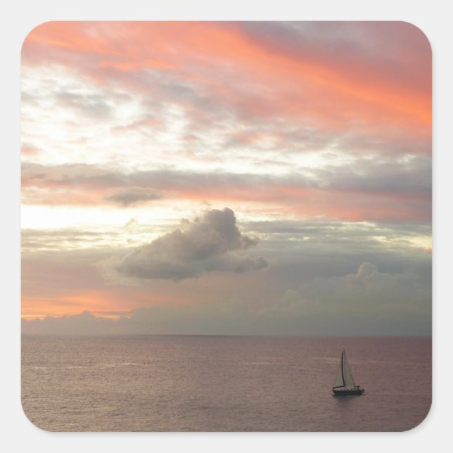 Sailboat in Sunset Beautiful Pink Seascape Square Sticker (Front)
