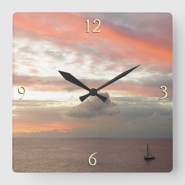 Sailboat in Sunset Beautiful Pink Seascape Square Wall Clock (Front)