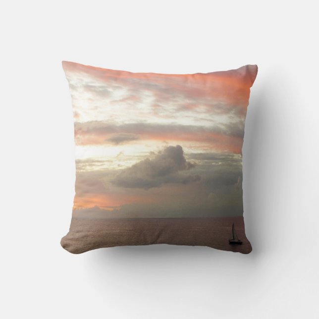 Sailboat in Sunset Beautiful Pink Seascape Throw Pillow (Front)