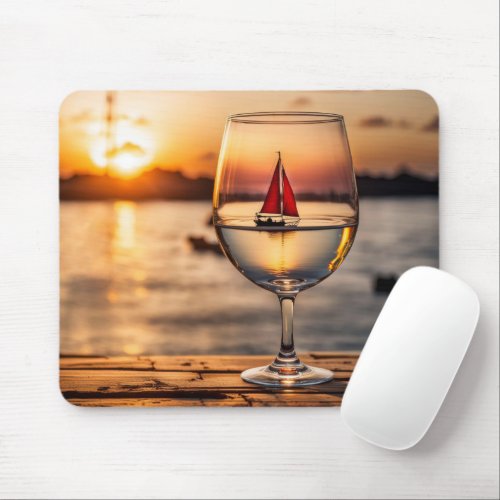 Sailboat In Wine Glass Mouse Pad