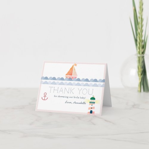 Sailboat  Lighthouse Nautical Pink Baby Shower Thank You Card