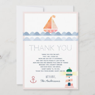 Sailboat & Lighthouse Pink Baby Shower Thank You Invitation
