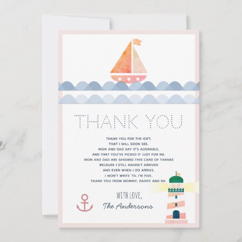 Sailboat  Lighthouse Pink Baby Shower Thank You Invitation