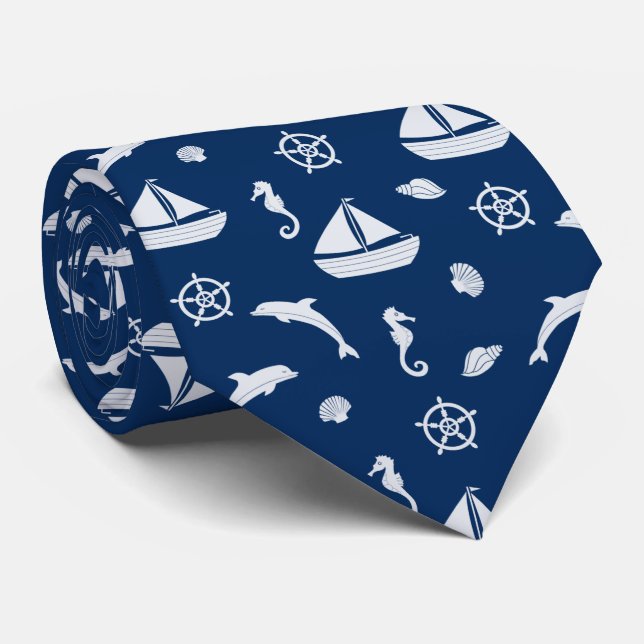 Sailboat & Marine Life Pattern Neck Tie (Rolled)