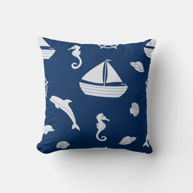 Sailboat & Marine Life Pattern Throw Pillow (Front)