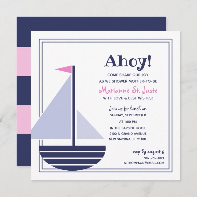 sailboat nautical BABY SHOWER pink girl Invitation (Front/Back)