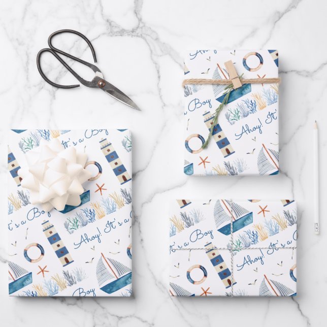Sailboat Nautical Baby Shower Wrapping Paper Sheets (Front)