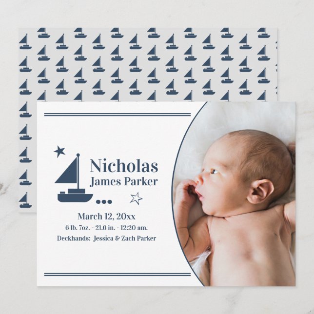 Sailboat Nautical Birth with Photo Announcemen Invitation (Front/Back)
