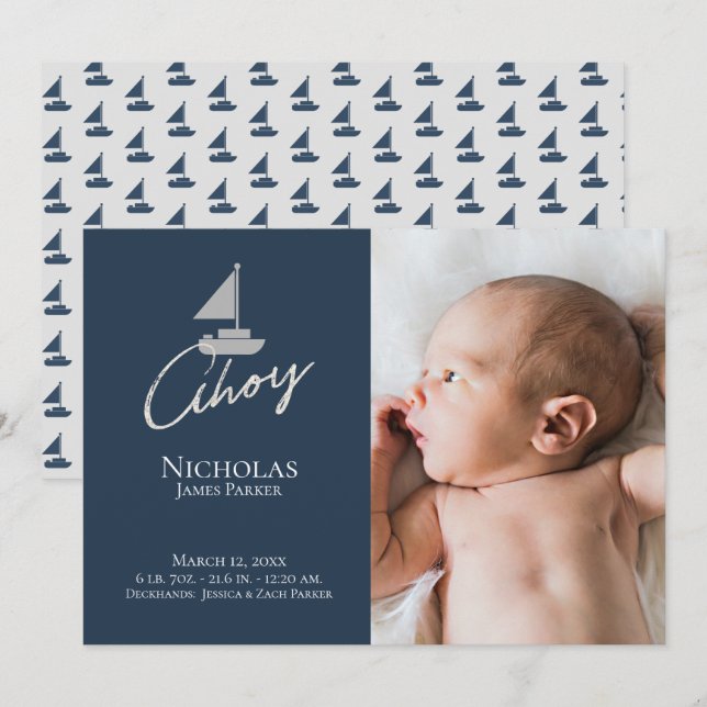 Sailboat Nautical Birth with Photo Announcement (Front/Back)