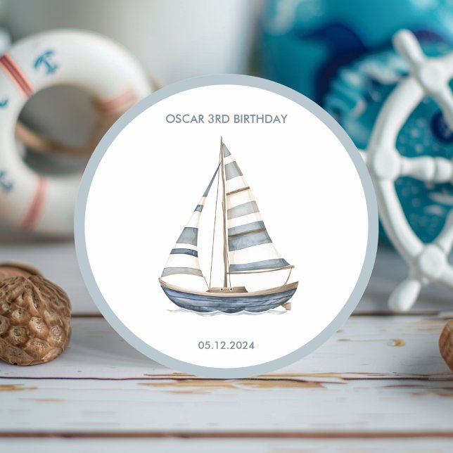 Sailboat Nautical Birthday Classic Round Sticker (Creator Uploaded)
