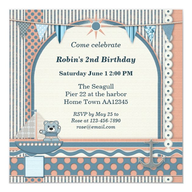 Sailboat Nautical Birthday Kids Party Invitation