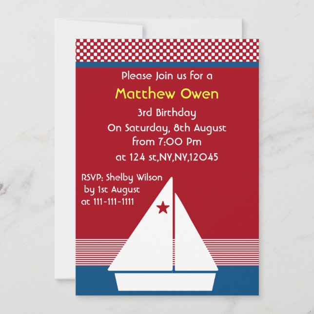 sailboat Nautical Birthday Party Invitation (Front)