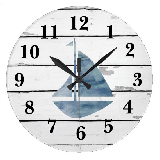 Sailboat Nautical Blue Anchor Shiplap Rustic Decor Large Clock