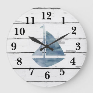 Sailboat Nautical Blue Anchor Shiplap Rustic Decor Large Clock