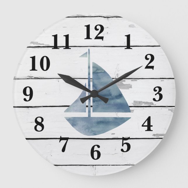 Sailboat Nautical Blue Anchor Shiplap Rustic Decor Large Clock (Front)